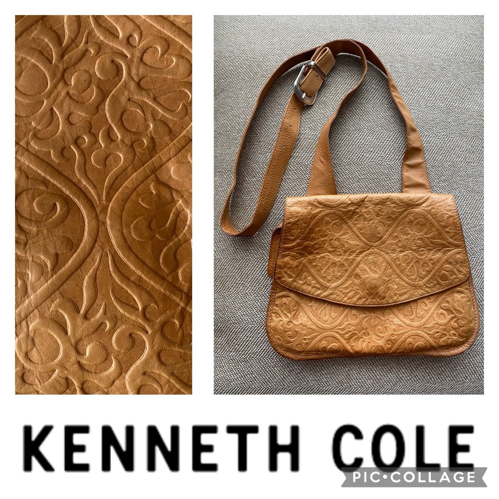 Vintage Embossed Soft Tooled Leather Crossbody by Kenneth Cole. Rich, Tan Color.